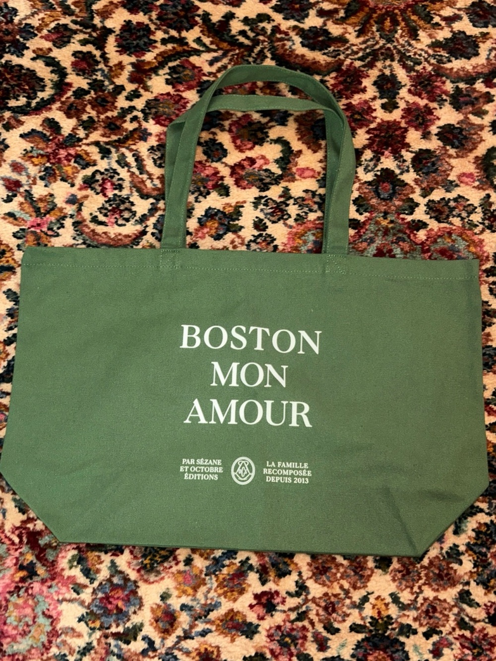 Sezane Green Canvas 'Boston Mon Amour' Tote